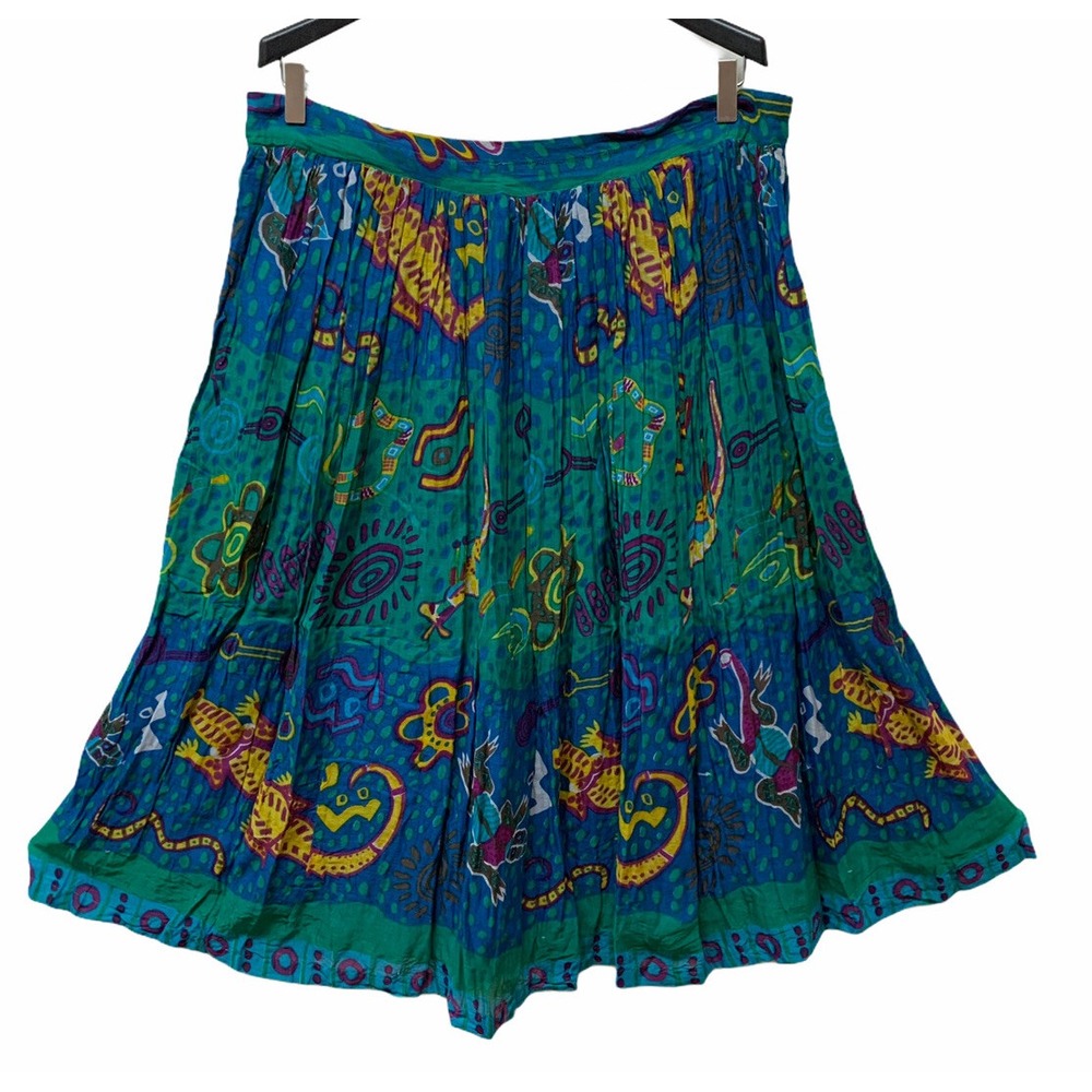 Vintage Cotton Gecko Tropical Broomstick Prairie Midi Skirt Boho Hippie Festival